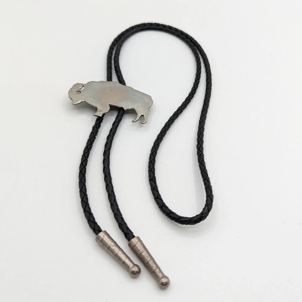 Vintage Handcrafted German Silver Buffalo Bolo Tie Black Braided Cord Bison